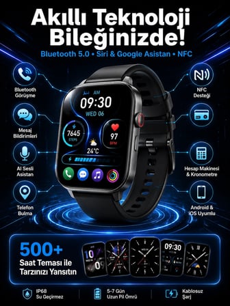Akıllı Saat Tema Değiştirme Uyku ve Sağlık Takibi Sesli Asistan Bildirim Görme Yeni Nesil