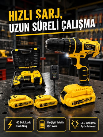 Ev ve Atölye İçin 12V Akülü Matkap | Plastik Mandren ve Metal Şanzıman