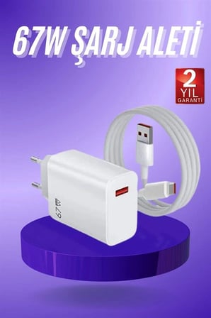 Beyaz Ultra Plus Hızlı Şarj Seti Şarj Adaptörü ve Kablosu 67W
