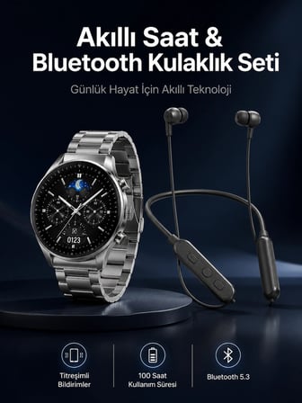 Alarm ve Titreşim Özellikli Akıllı Saat ve Mikrofonlu Kablolu Bluetooth Kulaklık 60 Saat