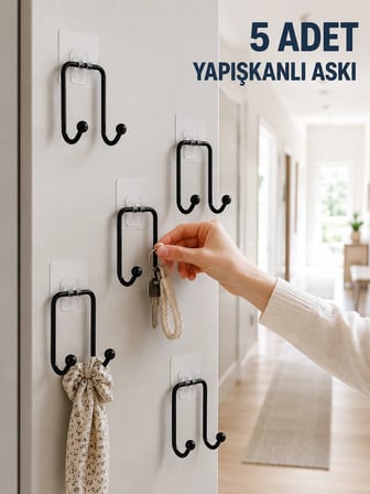 5 Adet Yapışkanlı Duvar Askısı Çok Amaçlı Pratik Askılık Seti