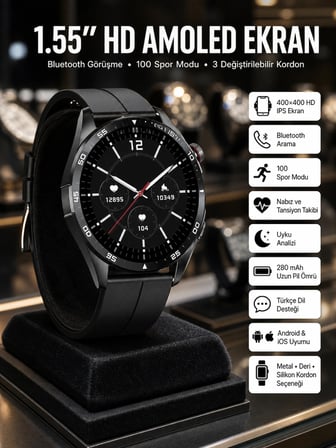 Amoled Ekran 3 Kordonlu Akıllı Saat 5.0 Bluetooth Bağlantılı Android ve İOS Uyumlu