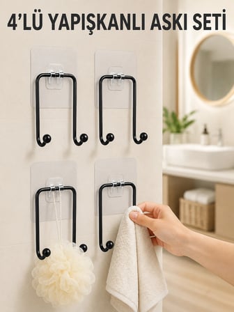 4'lü Yapışkanlı Askı Seti Mutfak Banyo ve Ev İçin Duvar Askısı