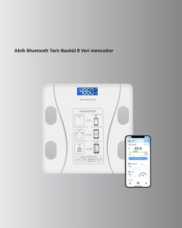 Akıllı Dijital Baskül – Bluetooth Bağlantılı, 8 Ölçüm Verili, Akıllı Vücut Analiz Tartısı