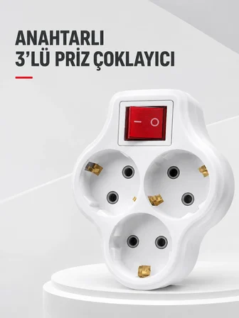 Duvar Tipi 3’lü Priz Çoklayıcı Kablosuz Anahtarlı Kompakt Priz Adaptörü