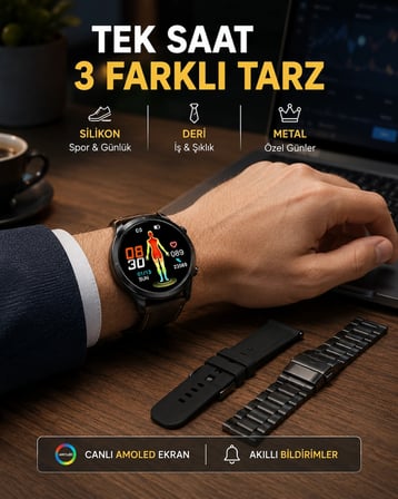 AMOLED Ekranlı Akıllı Saat – 3 Kordon Seçenekli, Suya Dayanıklı, Kalp Atış ve Uyku Takip Özellikli