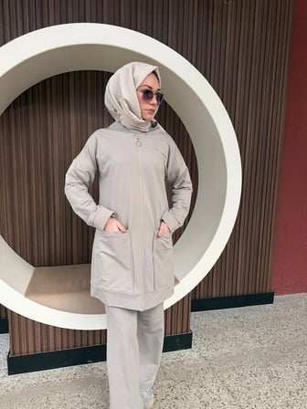 Alt Üst İkili Fermuarlı Cepli Günlük Tesettür Eşofman Takım