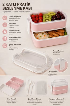 2 Katlı Plastik Kaşık Çatallı Kilitli Lunch Box Sefer Tası 7 Parça
