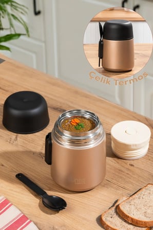 Paslanmaz Çelik Vakumlu Yemek Termosu Taşınabilir 600ml Bronz