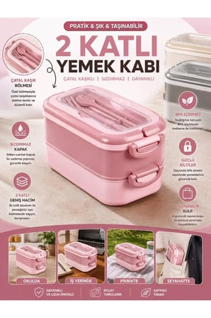 2 Katlı Taşınabilir Yemek Kabı Çatal Kaşıklı Saklama Kutusu