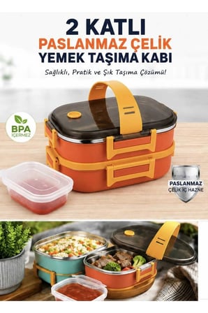 Paslanmaz Çelik 2 Katlı Yemek Taşıma Kabı 20x13x10 cm