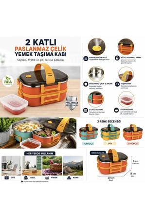 Paslanmaz Çelik 2 Katlı Yemek Taşıma Kabı 20x13x10 cm