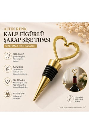 Altın Renk Kalp Figürlü Şarap Şişe Tıpası