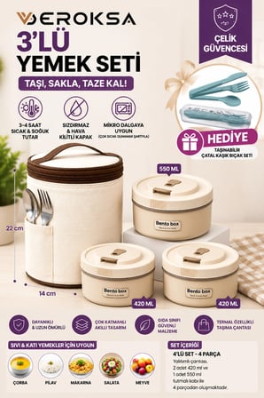 Termal Yemek Kabı 4'lü Set Çelik Sızdırmaz Sefer Tası Taşıma Çantalı