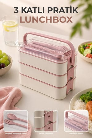 3 Katlı Bölmeli Kilitli Lunchbox Taşıma Saplı Kaşık Çatal