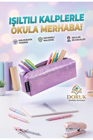 Mor simli kalp desenli tek bölmeli şık kalem kutusu