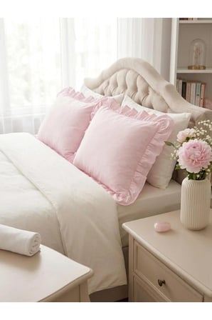2'li Pamuklu Fırfırlı Yastık Kılıfı 50x70 cm Toz Pembe