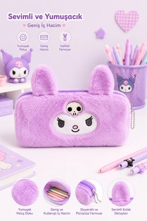 Mor Kuromiii Desenli Peluş Kalem Kutusu, Geniş Kapasiteli Organizer