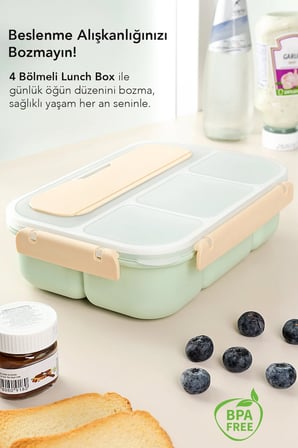 4 Bölmeli Yemek Kabı Çatal Kaşıklı Diyet Kutusu Yeşil