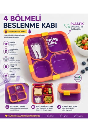 4 Bölmeli Gıdaya Uygun Plastik Yemek Kabı Sızdırmaz Kapaklı 800ML