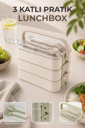3 Katlı Bölmeli Kilitli Lunchbox Taşıma Saplı Kaşık Çatal Dahil