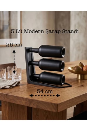 3'lü Şarap Standı Rafı - Masa Üstü Şaraplık - Mutfak Dekorasyonu 25x34 cm S