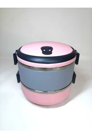 2 Katlı Sefer Tası Yemek Termosu Pudra Pembe Gri