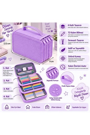 Geniş Kapasiteli Çok Bölmeli Taşınabilir Kalem Çantası, Siyah/Pembe/Mor