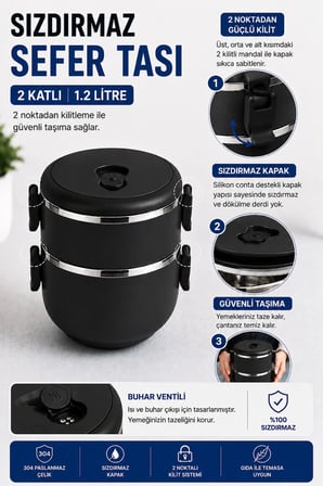 2 Katlı 1.2 Litre Paslanmaz Çelik Sızdırmaz Kapaklı Yemek Taşıma Kabı