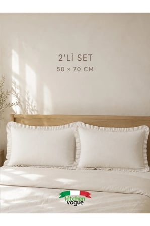 Fırfırlı Yastık Kılıfı 50x70 cm Ekru Bohem Keten Dekoratif