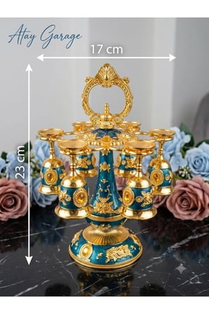 Vintage Gold Zümrüt Yeşili 6'lı Kadeh Seti ve Standı 23x17 cm