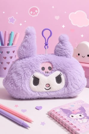 Mor Kuromiii Desenli Peluş Kalem Kutusu, Geniş Kapasiteli Fermuarlı Organizer