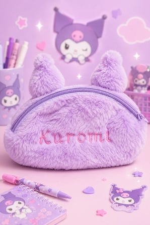 Mor Kuromiii Desenli Peluş Kalem Kutusu, Geniş Kapasiteli Fermuarlı Organizer