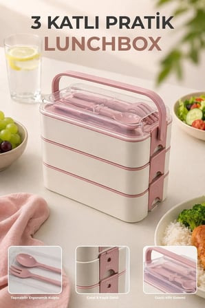 3 Katlı Bölmeli Kilitli Lunchbox Taşıma Saplı Kaşık Çatal Dahil