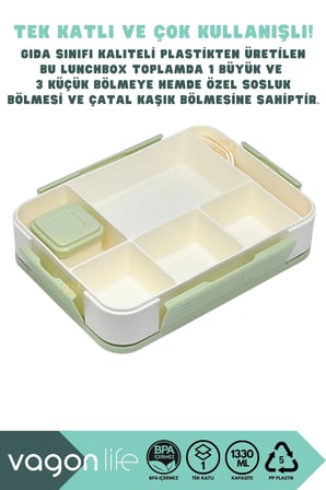 Tek Katlı 5 Bölmeli 1330ml Çocuk Sefer Tası Yemek Kutusu