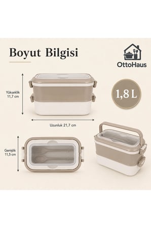2 Bölmeli Beslenme Kutusu Çatal Kaşık Setli 1,8 L BEJ