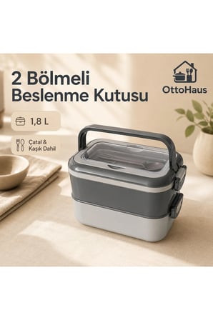 2 Bölmeli Beslenme Kutusu Çatal Kaşık Setli Katlanır Saplı Kilitli 1,8 L