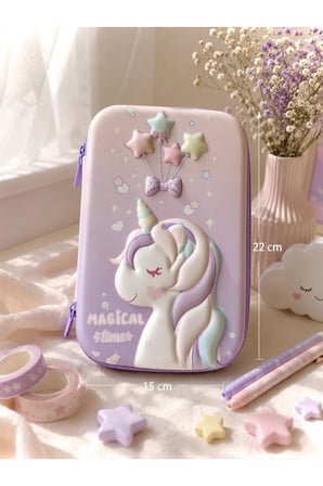 Pembe Mor Deniz Kızı Unicorn 3D Kalemlik, Çok Bölmeli, Katlanabilir
