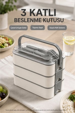Antrasit 3 Katlı Beslenme Kutusu Çatal Kaşık Dahil Kilitli Kapaklı