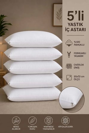 5 Adet Pamuklu Yastık İç Kılıfı 50x70 cm Fermuarlı Beyaz