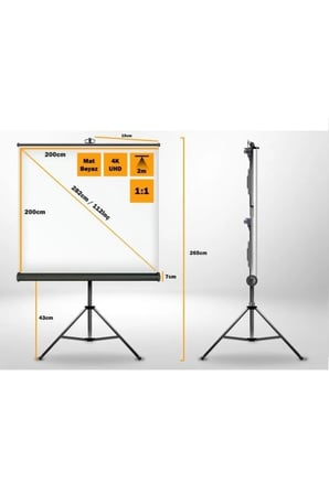 200x200cm Tripod Ayaklı Projeksiyon Perdesi, net ve kaliteli görüntü sağlar