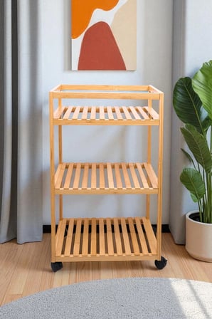 Bambu 3 Raflı Tekerlekli Sunum Servis Arabası Mutfak Rafı Sehpa Banyo Rafı