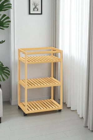 Bambu 3 Raflı Tekerlekli Sunum Servis Arabası Mutfak Rafı Sehpa Banyo Rafı