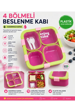 4 Bölmeli Gıdaya Uygun Plastik Yemek Kabı Sızdırmaz Kapaklı 800ML