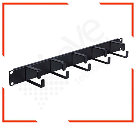 1u 19'' 5 Kancalı Metal Kancalı Yatay Kablo Organizer Siyah 