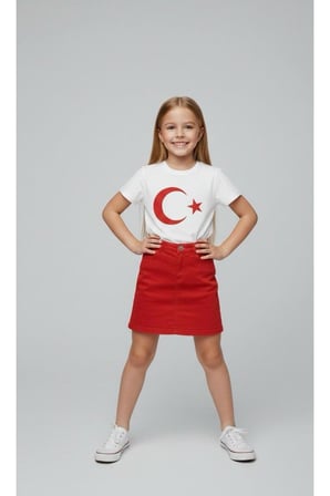 Kız Çocuk AYYILDIZ BAYRAK Baskılı T-Shirt Ve Keten Etek Takım 23 NİSAN-Özel Bayramlar