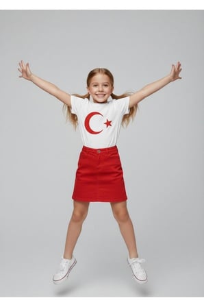 Kız Çocuk AYYILDIZ BAYRAK Baskılı T-Shirt Ve Keten Etek Takım 23 NİSAN-Özel Bayramlar