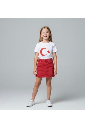 Kız Çocuk AYYILDIZ BAYRAK Baskılı T-Shirt Ve Keten Etek Takım 23 NİSAN-Özel Bayramlar