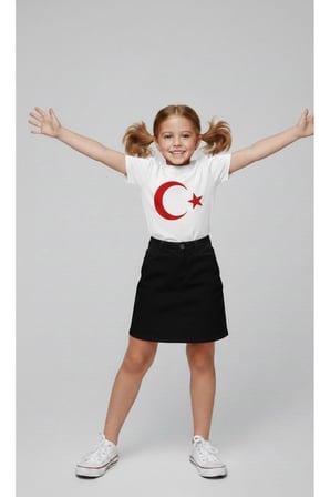 Kız Çocuk AYYILDIZ BAYRAK Baskılı T-Shirt Ve Keten Etek Takım 23 NİSAN-Özel Bayramlar