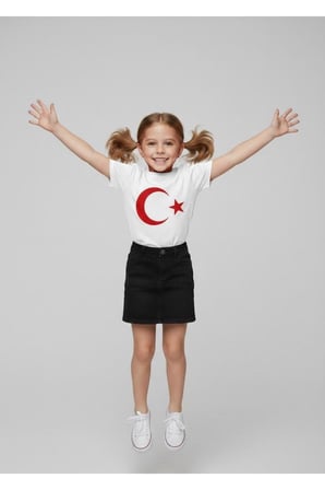 Kız Çocuk AYYILDIZ BAYRAK Baskılı T-Shirt Ve Keten Etek Takım 23 NİSAN-Özel Bayramlar